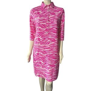 Jude Connally Pink Zebra Print Collared Shift Dress 3/4 Sleeve‎ Stretch XL